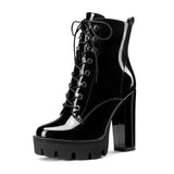 Women's Round-Toe High Heel Platform Ankle Boots with Zipper, 4.7-Inch Chunky Heels Short Boots, Adjustable Laces for Winter Shoes, Sexy Patent Leather Boot Comfortable Outdoor Footwear