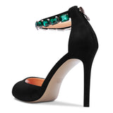 Ladies High Heels Stiletto Pumps Ankle-Strap with Gemstone Peep-toe Sandals Suede 4 Inches Heel