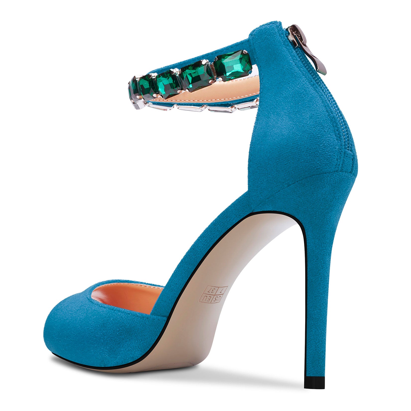 Ladies High Heels Stiletto Pumps Ankle-Strap with Gemstone Peep-toe Sandals Suede 4 Inches Heel