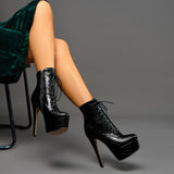 15CM High Heels Platform Stiletto Ankle Boots with Zipper and Lace-up Detail, Featuring Round Toe