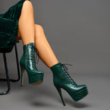 15CM High Heels Platform Stiletto Ankle Boots with Zipper and Lace-up Detail, Featuring Round Toe