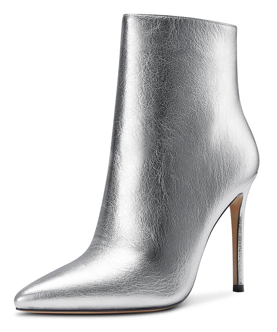 CASTAMERE Womens High Heel Ankle Boots Pointed Toe Slip-on Buckle Stiletto Silver Boot 10CM Heels