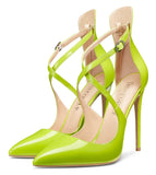 DearOnly Women's High Heels Cross Ankle Strap Pumps Pointed Toe 4.7" Inch Patent Heel Buckle