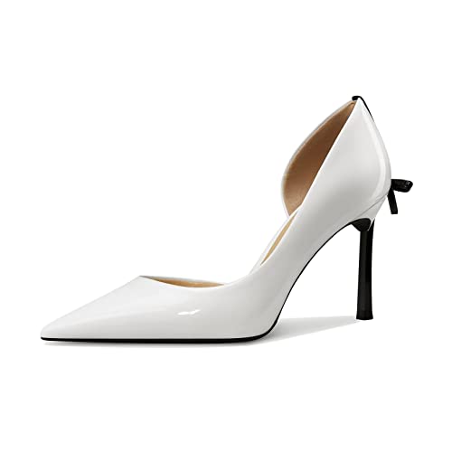 Castamere Women High Stiletto Heel Pointed Toe Pumps Slip-on Bow-Knot Wedding Sexy Dress 3.3 Inches Heels White Patent