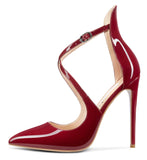 DearOnly Women's High Heels Cross Ankle Strap Pumps Pointed Toe 4.7" Inch Patent Heel Buckle