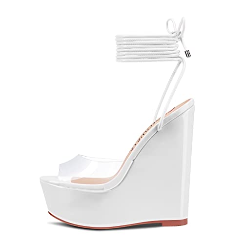 Castamere Womens High Wedge Platform Heel Peep Open Toe Ankle Strap Sandals Lace Wedding Clear Dress Shoes 5.9 Inches Heels White Transparent