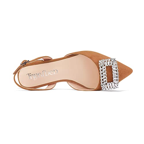 TNYNFBEB Women Chunky Block Low Heel Pointed Toe Flats Shoes Slingback Buckle Rhinestone Crystal Party Cute 0.6 Inches Heels Brown