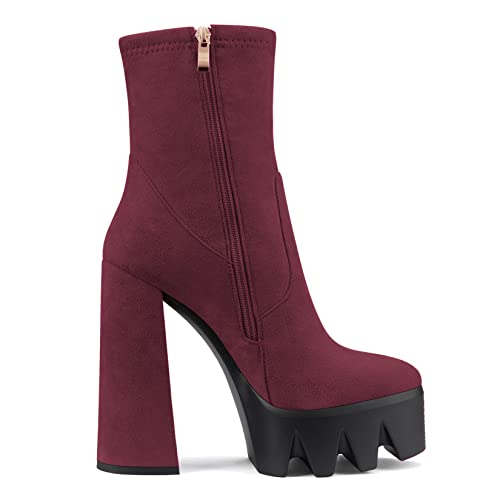 Castamere Women Platform Ankle Boots Short Bootie High Heel Close Toe Chunky Block 5.9 Inches Heels Zipper Slip-on Boots Burgundy Wine Red