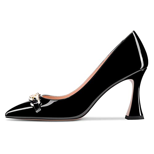 Castamere Women High Heel Chunky Block Pointed Toe Pumps Slip-on Party Dress 3.3 Inches Heels Black Patent