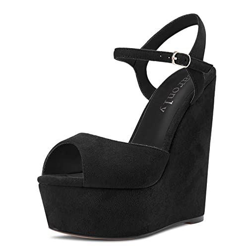 DearOnly Womens Wedge Platform Sandals Peep Open Toe Ankle Strap Block Chunky Heel Suede Dress Shoes Bridal Wedding Shopping Cute Black 6 Inch