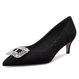 NobleOnly Women Kitten Mid Heel Pointed Toe Slip-on Pumps Rhinestone Crystal Glitter Wedding Party Dress Shoes 2.0 Inches Heels Black