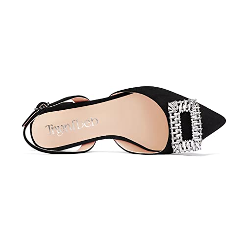 TNYNFBEB Women Chunky Block Low Heel Pointed Toe Flats Shoes Slingback Buckle Rhinestone Crystal Party Cute 0.6 Inches Heels Black