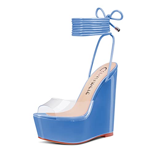 Castamere Womens High Wedge Platform Heel Peep Open Toe Ankle Strap Sandals Lace Wedding Clear Dress Shoes 5.9 Inches Heels Blue Transparent