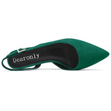DearOnly Womens Pumps Pointed Toe d-Orsay Kitten Low Block Chunky Heel Slingback Suede Dress Shoes Emerald Green 1.5 Inch