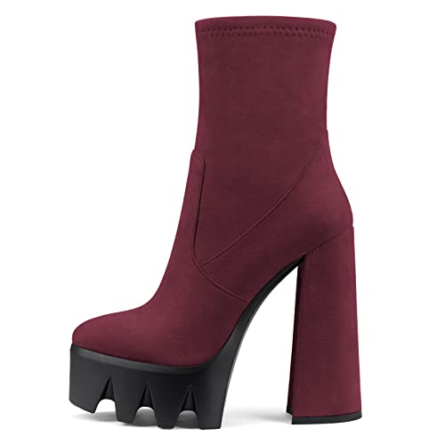 Castamere Women Platform Ankle Boots Short Bootie High Heel Close Toe Chunky Block 5.9 Inches Heels Zipper Slip-on Boots Burgundy Wine Red