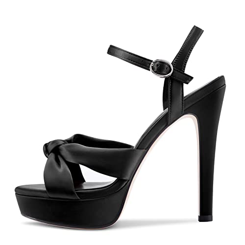 Aachcol Women Sandals Platform Peep Open Toe Ankle Strap Slingback Stiletto High Heel Dress Shoes Pumps Wedding Satin Black 5 Inch