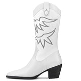 DearOnly Womens Western Cowboy Cowgirl Boots Mid Calf Embroidered Stitching Pull-Up Closed Pointed Toe Block Chunky Heel Zipper Matte Dress Shoes Classic White 2.5 Inch