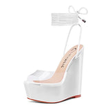 Castamere Womens High Wedge Platform Heel Peep Open Toe Ankle Strap Sandals Lace Wedding Clear Dress Shoes 5.9 Inches Heels White Transparent