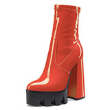 Castamere Women Platform Ankle Boots Short Bootie High Heel Close Toe Chunky Block 5.9 Inches Heels Zipper Slip-on Boots Orange Patent