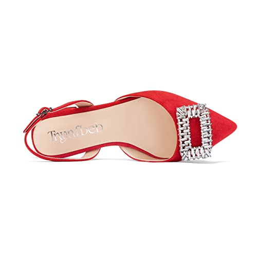 TNYNFBEB Women Chunky Block Low Heel Pointed Toe Flats Shoes Slingback Buckle Rhinestone Crystal Party Cute 0.6 Inches Heels Red