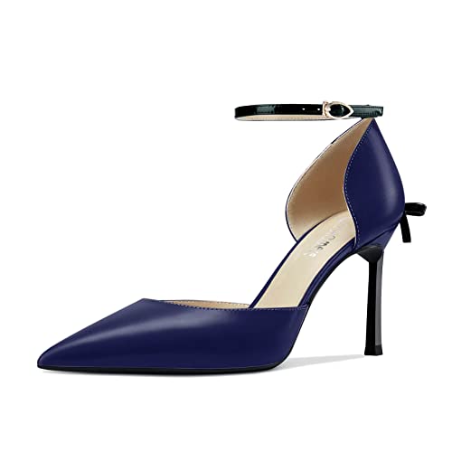 Castamere Women Stiletto High Heel Pointed Toe Pumps Ankle Strap Two-Piece Bow-Knot Wedding Dress 3.3 Inches Heels Navy Blue