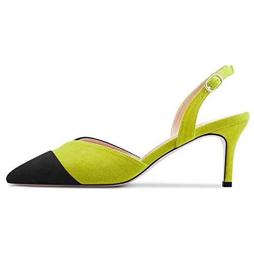 TNYNFBEB Women Mid Heel Pointed Cap Toe Sandals Ankle Strap Slingback Buckle Patchwork Wedding Party Cute Basic Classic 2.6 Inches Heels Lime Green