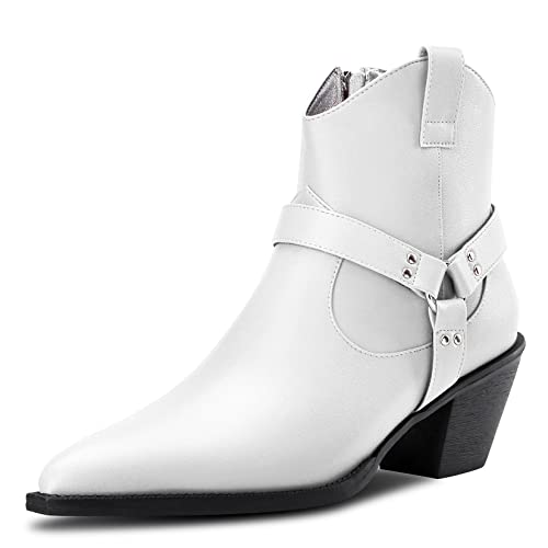 Aachcol Women Ankle Boots Short Bootie Square Toe Low Kitten Chunky Block Heel Western Cowboy Cowgirl Matte Zipper Dress Shoes White 2.5 Inch