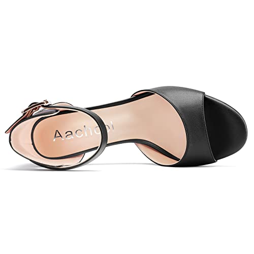 Aachcol Women Sandals Peep Open Toe Ankle Strap Chunky Block High Heel Dress Shoes Matte Classic Black 3 Inch