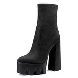 Castamere Women Platform Ankle Boots Short Bootie High Heel Close Toe Chunky Block 5.9 Inches Heels Zipper Slip-on Boots Black Suede