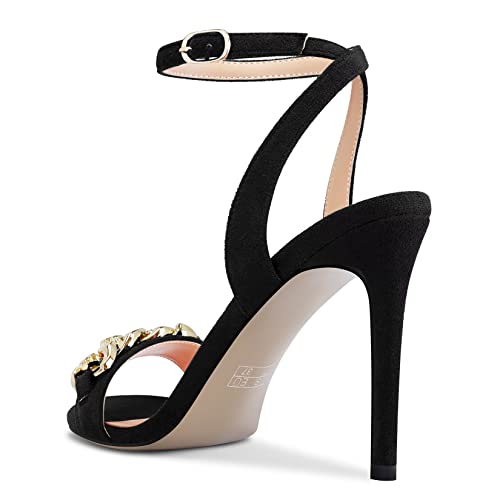 Castamere Women Stiletto High Heel Open Toe Ankle Strap Metal Chain Sandals Prom Party 3.9 Inches Heels Black
