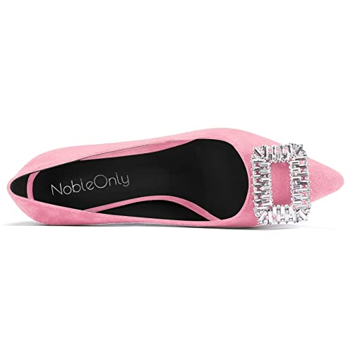 NobleOnly Women Kitten Mid Heel Pointed Toe Slip-on Pumps Rhinestone Crystal Glitter Wedding Party Dress Shoes 2.0 Inches Heels Pink