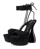 HDEUOLM Women High Heels Platform Ankle Strap Sandals Open Toe 6 Inch Chunky Heel Clear Heeled Plus Size Shoes Black Suede