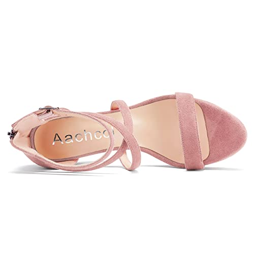 Aachcol Women Platform Sandals Peep Open Toe Ankle Strap Chunky Block High Heel Dress Shoes Pumps Wedding Suede Pink 5 Inch