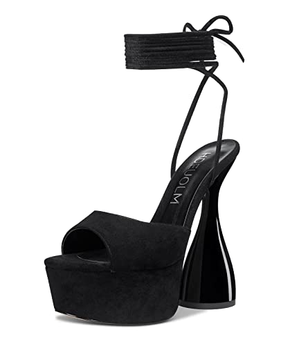 HDEUOLM Women High Heels Platform Ankle Strap Sandals Open Toe 6 Inch Chunky Heel Clear Heeled Plus Size Shoes Black Suede