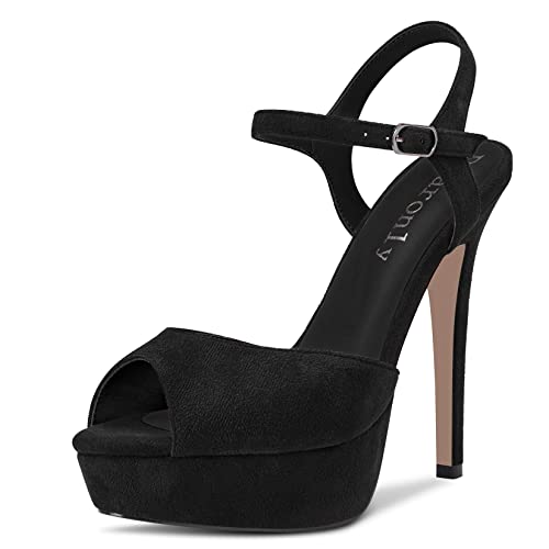 DearOnly Womens Platform Sandals Peep Open Toe Ankle Strap Stiletto High Heel Suede Dress Shoes Bridal Wedding Black 5 Inch