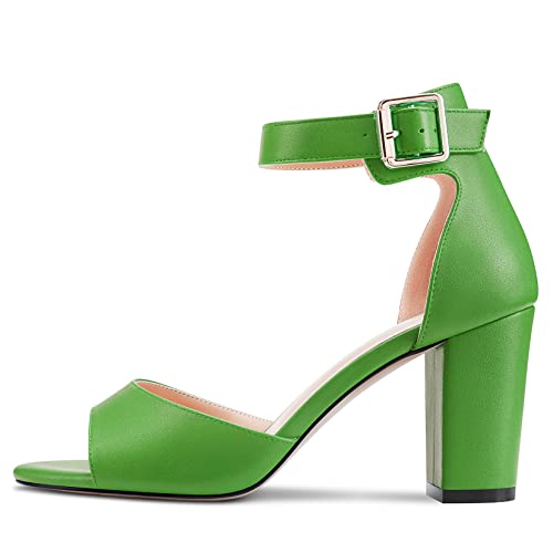 Aachcol Women Sandals Peep Open Toe Ankle Strap Chunky Block High Heel Dress Shoes Matte Classic Green d 3 Inch