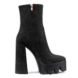Castamere Women Platform Ankle Boots Short Bootie High Heel Close Toe Chunky Block 5.9 Inches Heels Zipper Slip-on Boots Black Suede