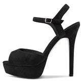DearOnly Womens Platform Sandals Peep Open Toe Ankle Strap Stiletto High Heel Suede Dress Shoes Bridal Wedding Black 5 Inch