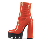 Castamere Women Platform Ankle Boots Short Bootie High Heel Close Toe Chunky Block 5.9 Inches Heels Zipper Slip-on Boots Orange Patent