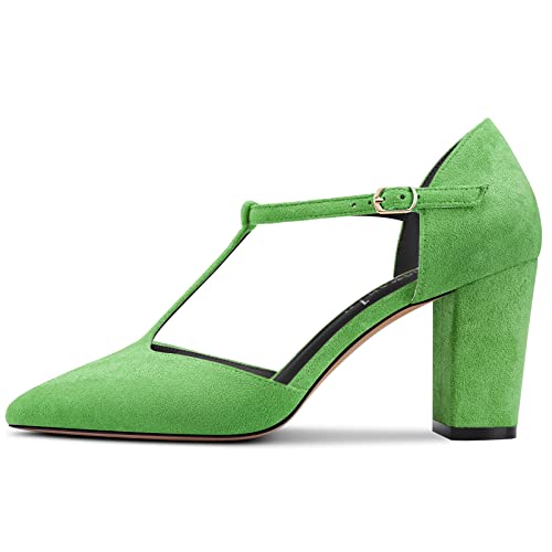 DearOnly Womens Pumps T-Strap Pointed Closed Toe Block Chunky High Heel Ankle Strap Sandals Suede Dress Shoes Bridal Wedding Shopping Light Green 3 Inch