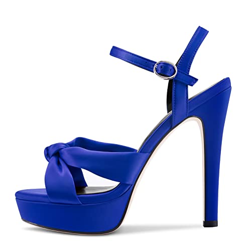 Aachcol Women Sandals Platform Peep Open Toe Ankle Strap Slingback Stiletto High Heel Dress Shoes Pumps Wedding Satin Blue 5 Inch