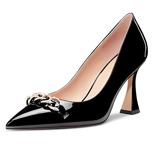 Castamere Women High Heel Chunky Block Pointed Toe Pumps Slip-on Party Dress 3.3 Inches Heels Black Patent