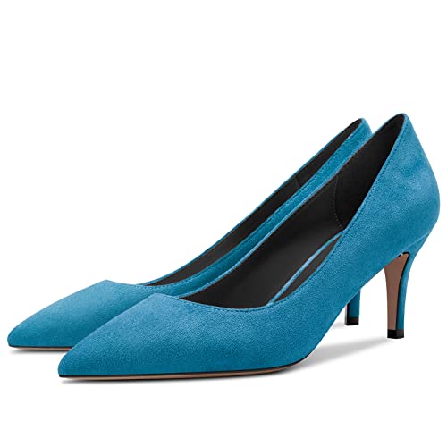DearOnly Womens Pumps Pointed Toe High Stiletto Heel Slip On Suede Dress Shoes Classic Blue 2.5 Inch