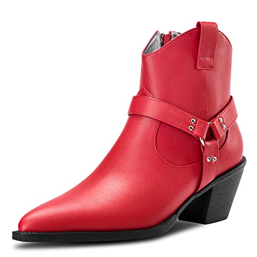 Aachcol Women Ankle Boots Short Bootie Square Toe Low Kitten Chunky Block Heel Western Cowboy Cowgirl Matte Zipper Dress Shoes Red 2.5 Inch