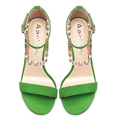 Aachcol Women Sandals Peep Open Toe Ankle Strap Stiletto High Heel Sexy Dress Shoes Pumps Office Wedding Satin Light Green 3 Inch