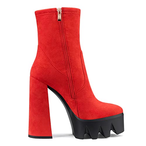 Castamere Women Platform Ankle Boots Short Bootie High Heel Close Toe Chunky Block 5.9 Inches Heels Zipper Slip-on Boots Red Suede 8 M US