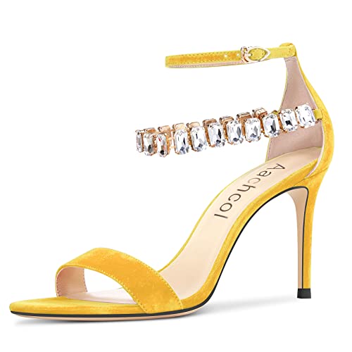 Aachcol Women Sandals Peep Open Toe Ankle Strap Stiletto High Heel Sexy Dress Shoes Pumps Office Wedding Satin Yellow 3 Inch
