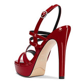 Aachcol Women Sandals Platform Peep Open Toe Backstrap Ankle Strap Slingback Stiletto High Heel Dress Shoes Pumps Wedding Patent Burgundy Red 5 Inch