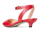 Women Kitten Low Heel Close Pointed Toe Pumps Ankle Strap Slingback Buckle Sandals Wedding Office Cute Classic Shoes Red Matte
