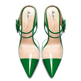 Aachcol Women Sexy Clear Slingback Ankle Strap Stiletto High Heel Pumps Close Pointed Toe Dress Shoes Party Wedding Patent Deep Green 3 Inch